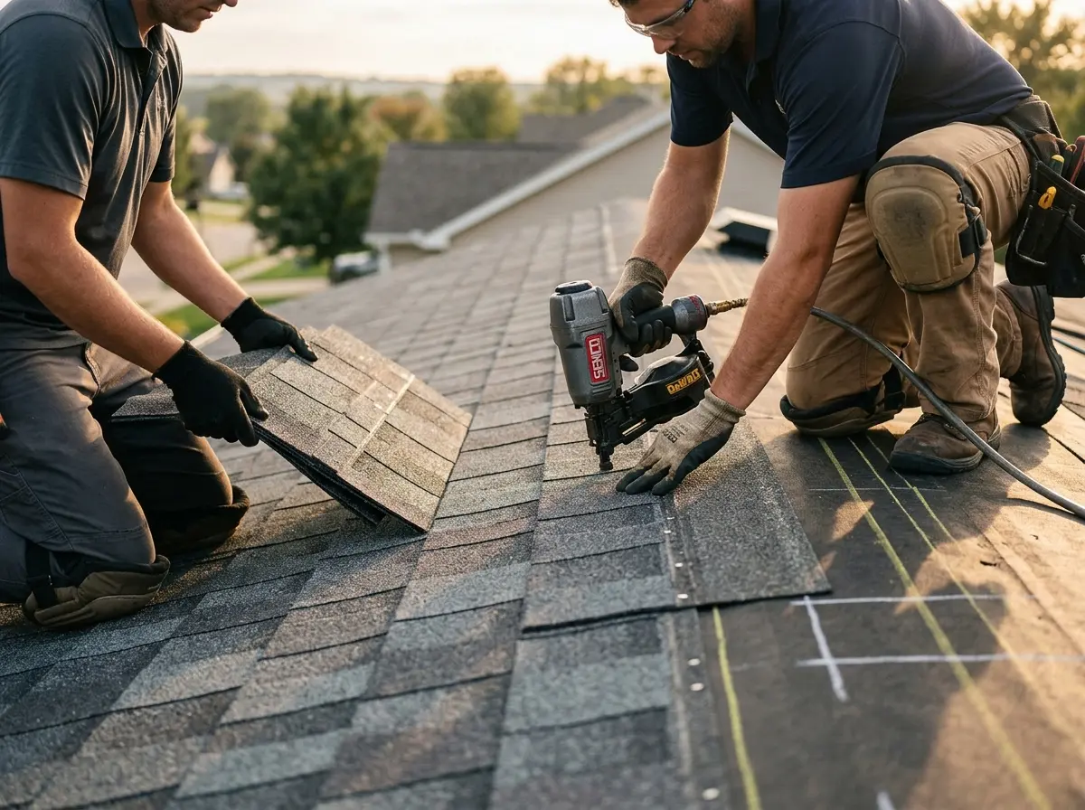 Professional roofer working on a residential roof in DeForest